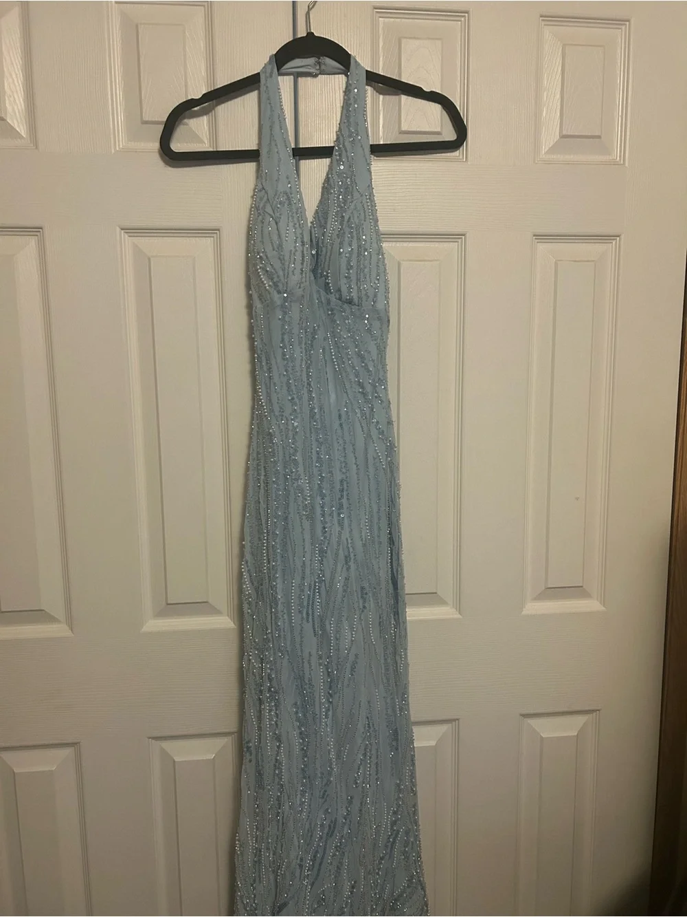 Light Blue Beaded Halter Prom Maxi Dress